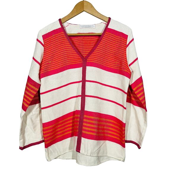 Laurence Heller Long Sleeve V Neck Tunic Top Stripe Pink White - M - Picture 1 of 5